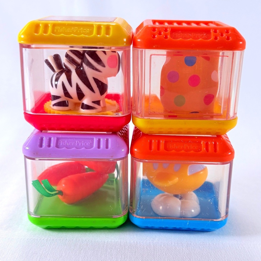 Fisher Price Peek-a-Boo Sensory Blocks Set of 4 Multicolor Zebra Airplane Food